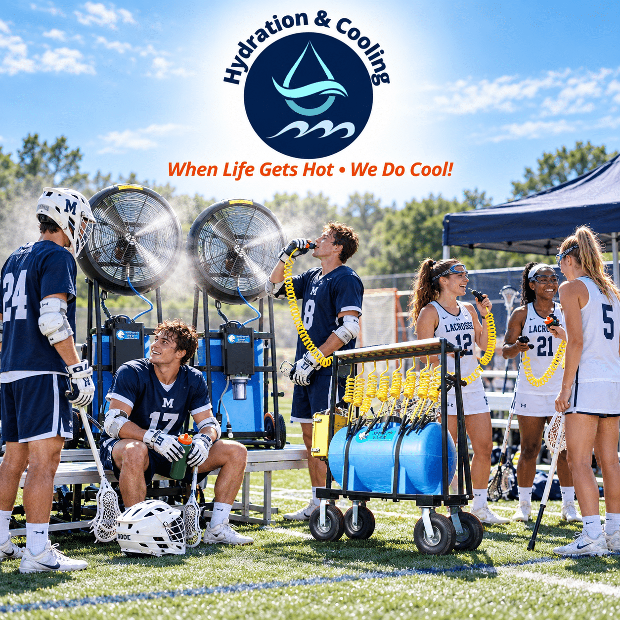 Men’s and women’s lacrosse players on a field with Hydration & Cooling water station equipment set up on the sideline.